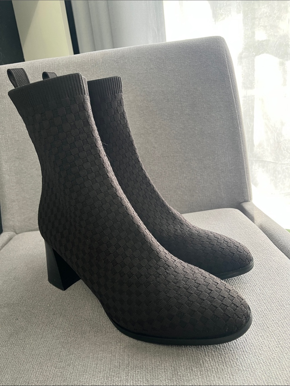 Women's Black Textured Sock Bootie with Block Heel